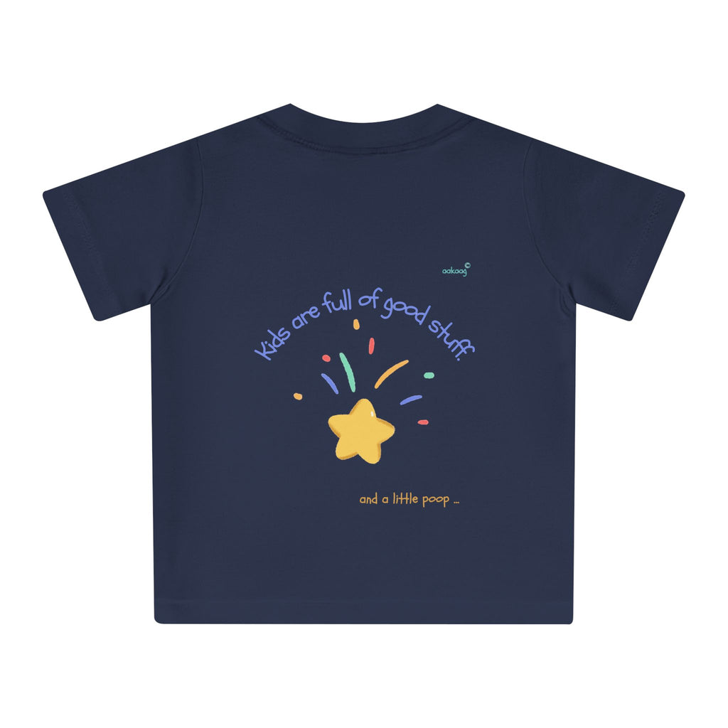 Baby T-Shirt — Rainbow Astronaut Rocket & Star Design (“The universe welcomes all kids” / “Kids are full of good stuff”)