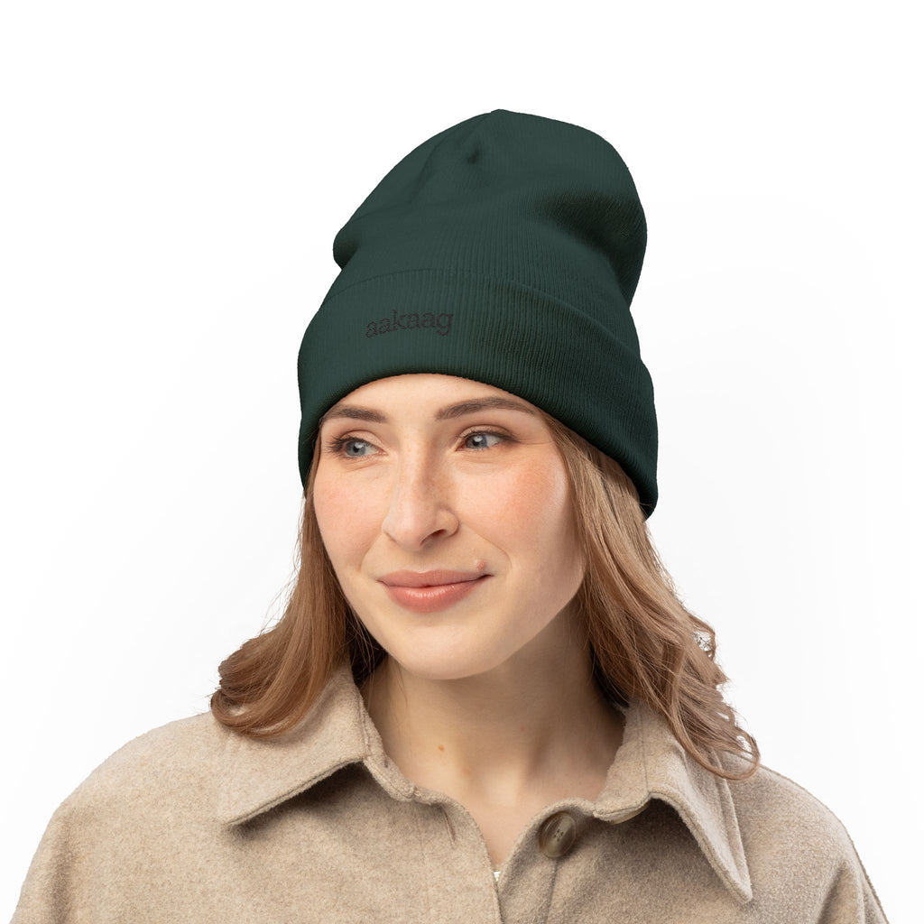 Embroidered "aakaag" Knit Beanie — Cozy Winter Cuffed Hat