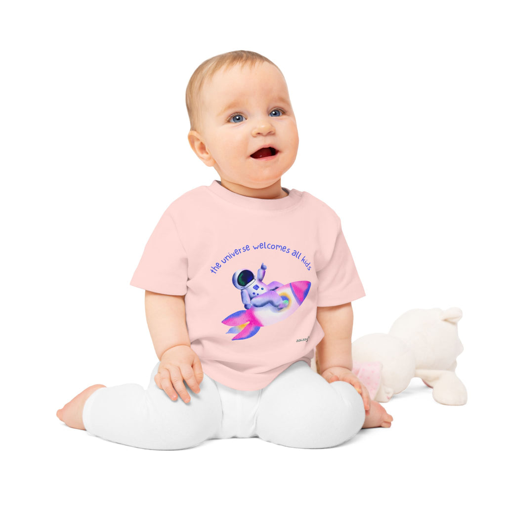 Baby T-Shirt — Rainbow Astronaut Rocket & Star Design (“The universe welcomes all kids” / “Kids are full of good stuff”)