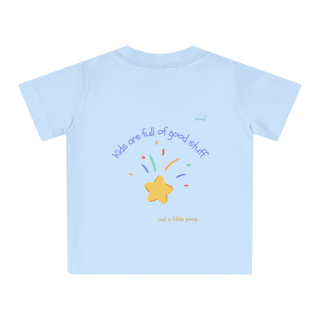 Baby T-Shirt — Rainbow Astronaut Rocket & Star Design (“The universe welcomes all kids” / “Kids are full of good stuff”)