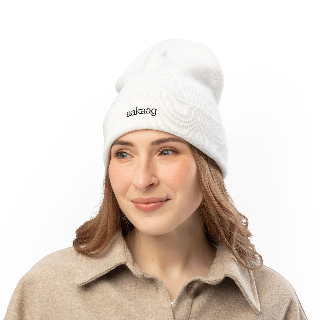 Embroidered "aakaag" Knit Beanie — Cozy Winter Cuffed Hat