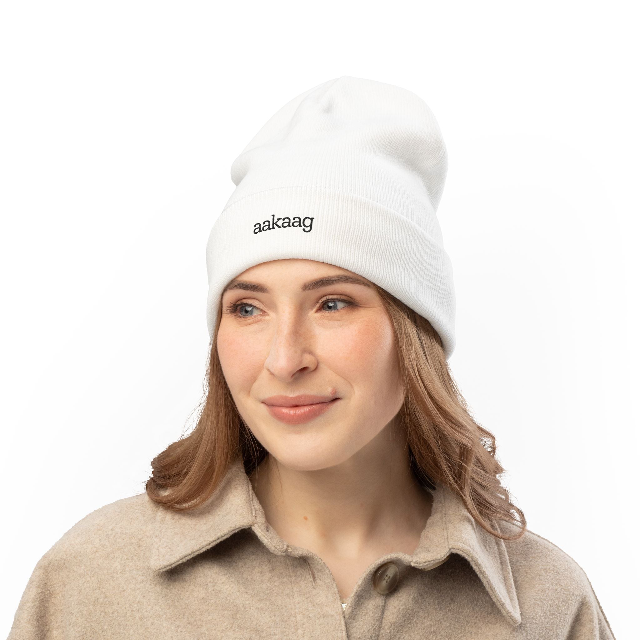 Embroidered "aakaag" Knit Beanie — Cozy Winter Cuffed Hat