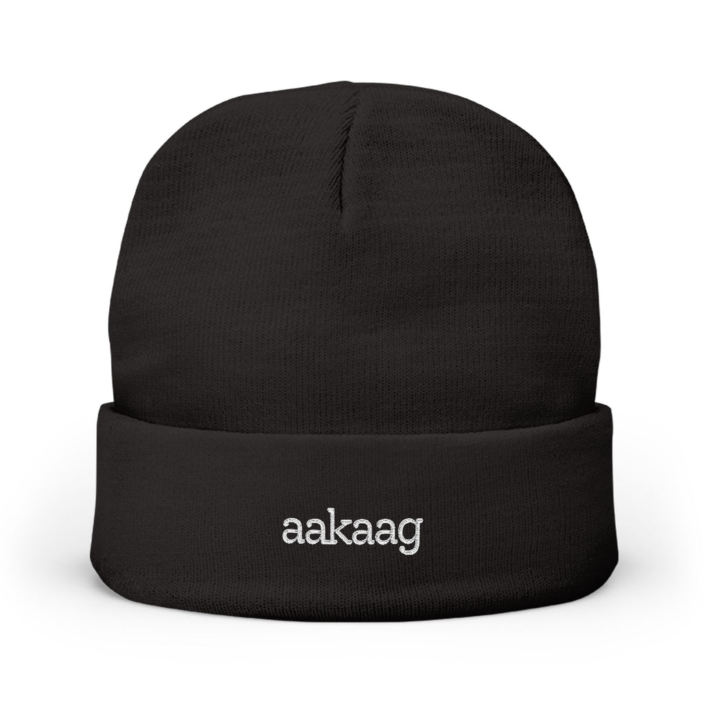 Embroidered 'aakaag' Knit Beanie – Cozy Black Cuffed Winter Hat