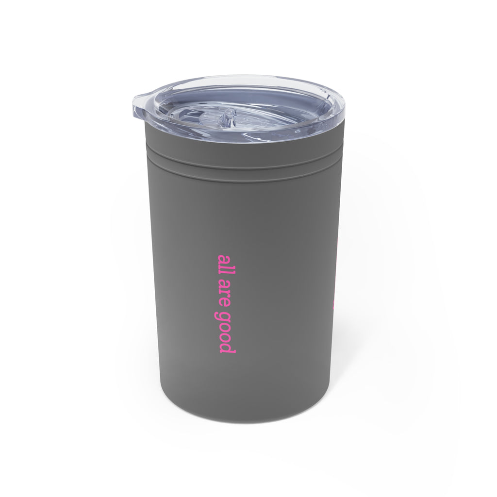 11oz Insulated Tumbler — Vertical Pink Text "aakag" Minimal Travel Cup