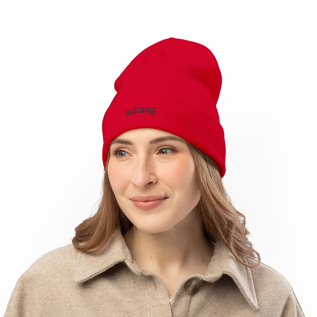 Embroidered "aakaag" Knit Beanie — Cozy Winter Cuffed Hat