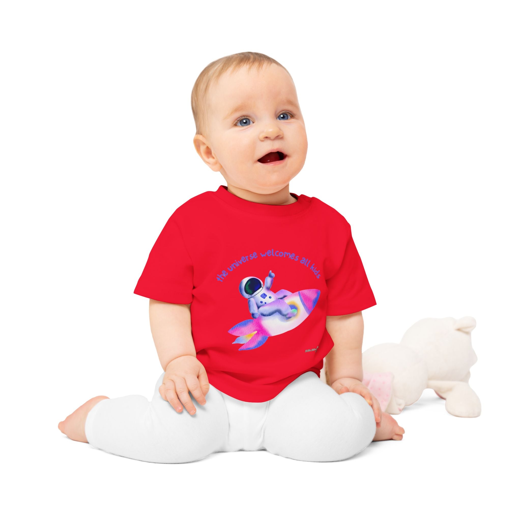 Baby T-Shirt — Rainbow Astronaut Rocket & Star Design (“The universe welcomes all kids” / “Kids are full of good stuff”)