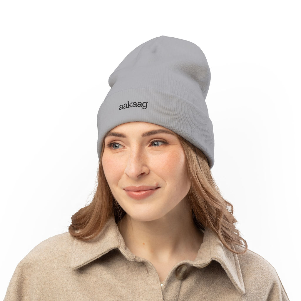 Embroidered "aakaag" Knit Beanie — Cozy Winter Cuffed Hat