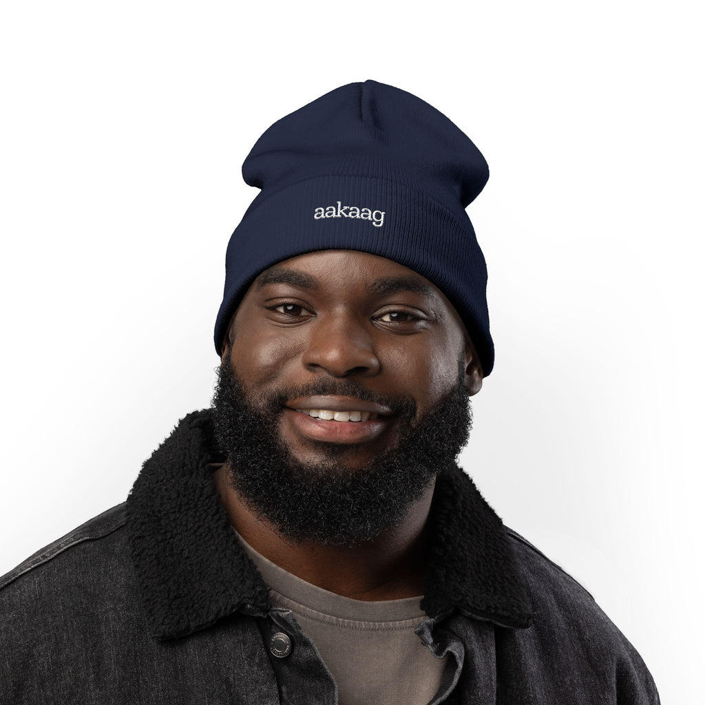 Embroidered 'aakaag' Knit Beanie – Cozy Black Cuffed Winter Hat