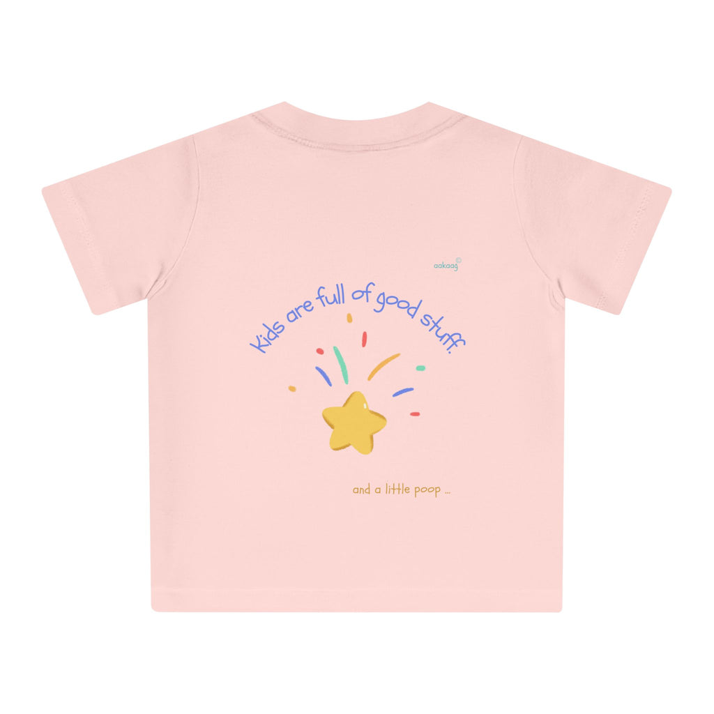 Baby T-Shirt — Rainbow Astronaut Rocket & Star Design (“The universe welcomes all kids” / “Kids are full of good stuff”)