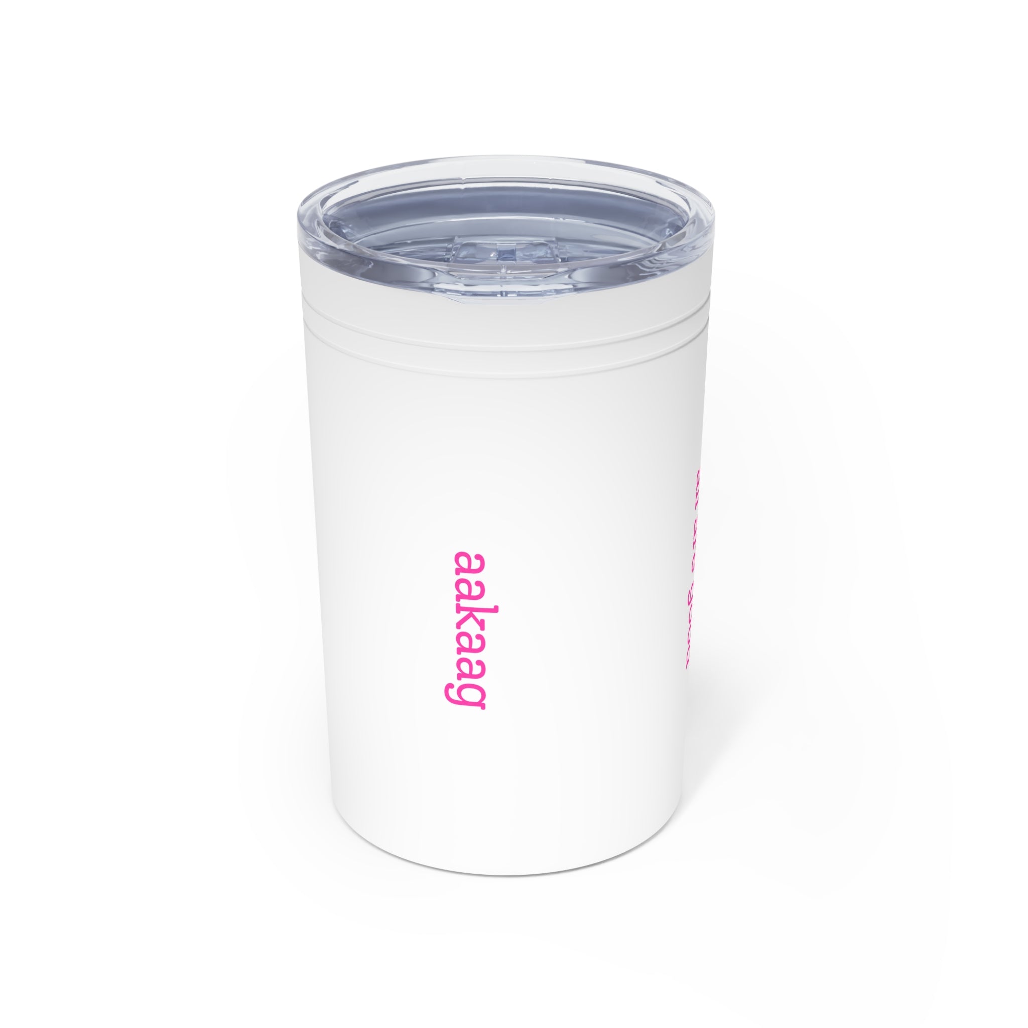 11oz Insulated Tumbler — Vertical Pink Text "aakag" Minimal Travel Cup