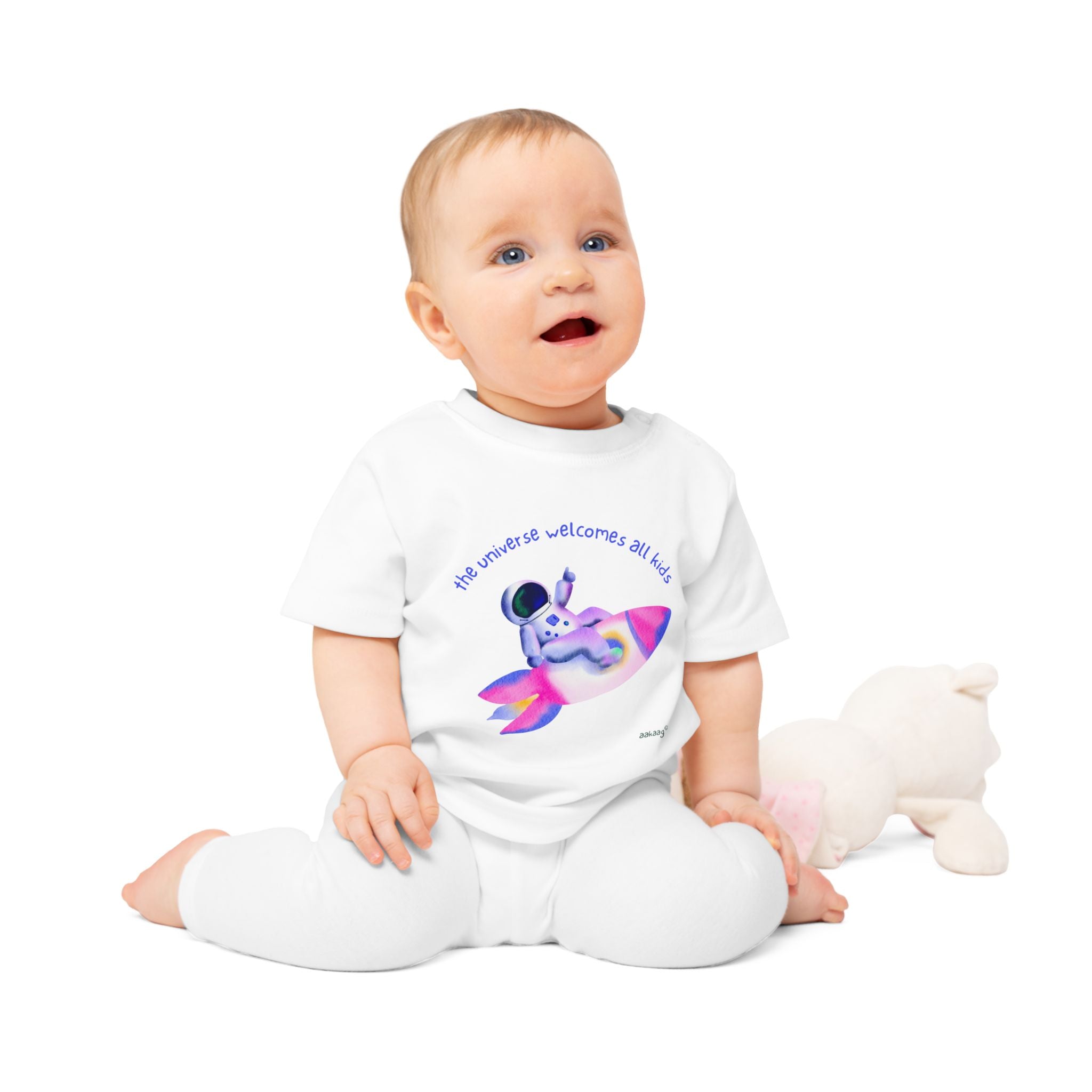 Baby T-Shirt — Rainbow Astronaut Rocket & Star Design (“The universe welcomes all kids” / “Kids are full of good stuff”)