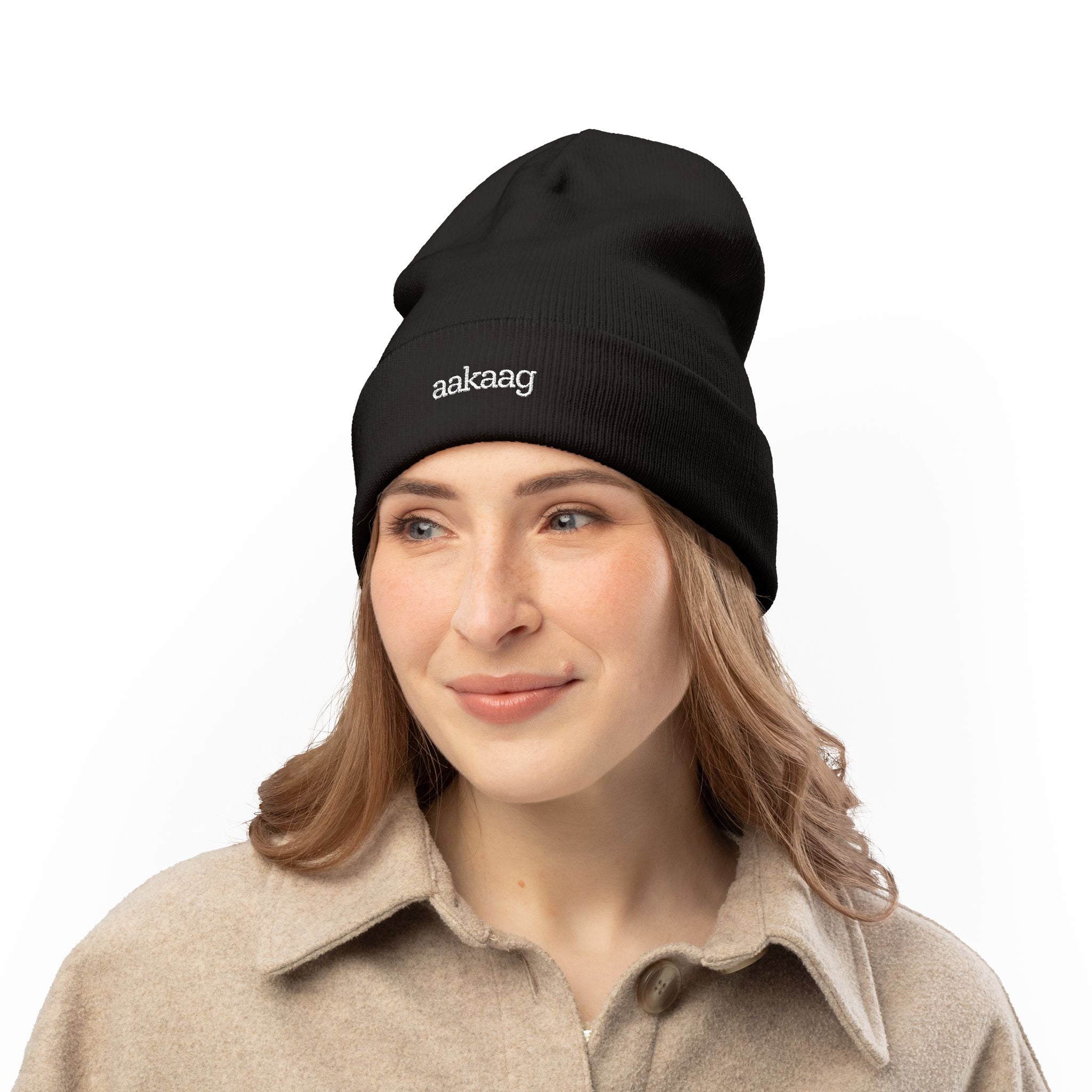 Embroidered 'aakaag' Knit Beanie – Cozy Black Cuffed Winter Hat