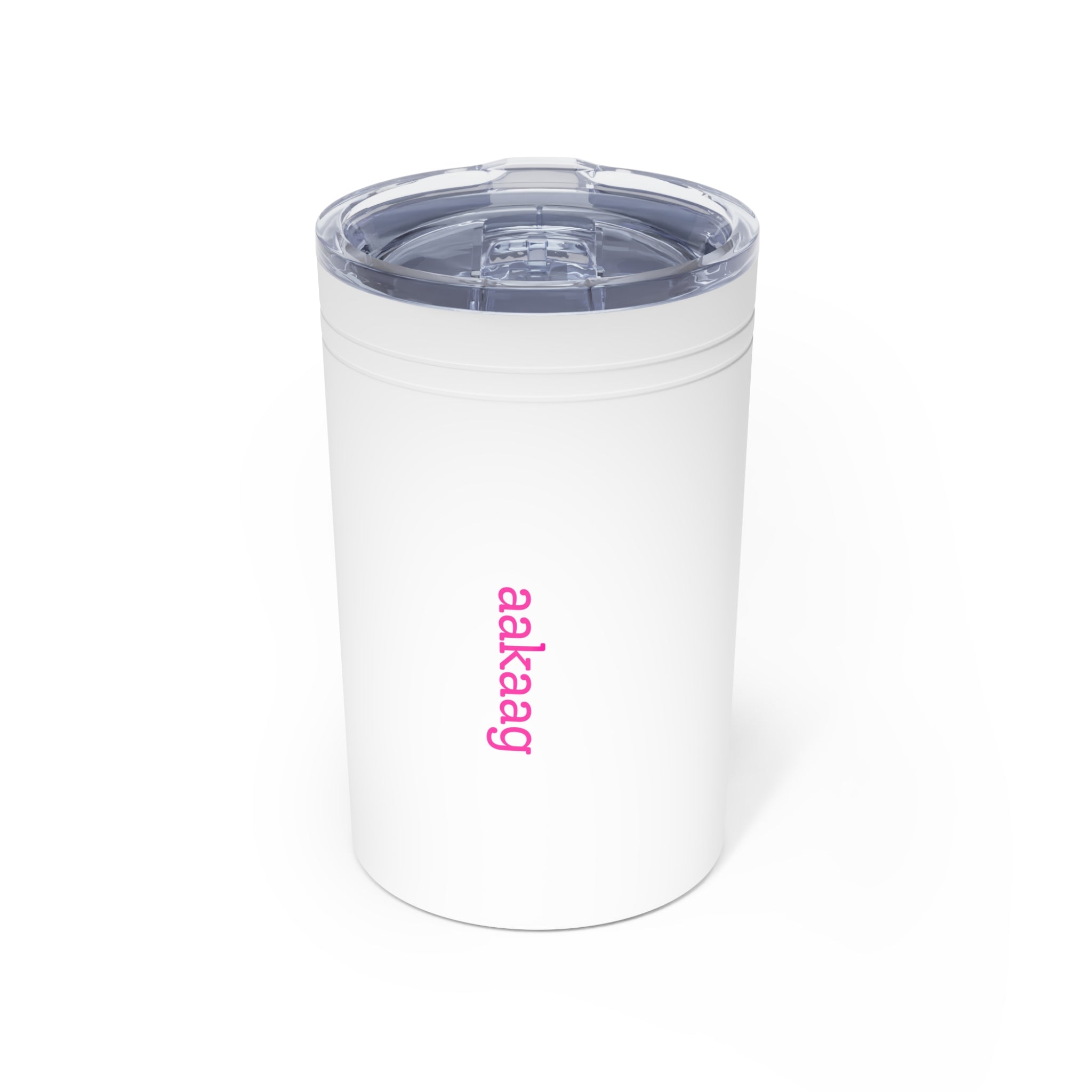 11oz Insulated Tumbler — Vertical Pink Text "aakag" Minimal Travel Cup